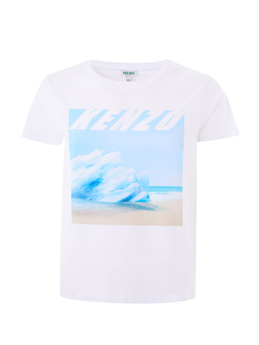 Kenzo White Cotton T-Shirt with Wave Blue Print