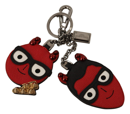 Dolce & Gabbana Red Leather Silver Tone Devil Studded Keychain