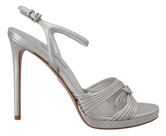 Prada Silver Leather Sandals Ankle Strap Heels Stiletto