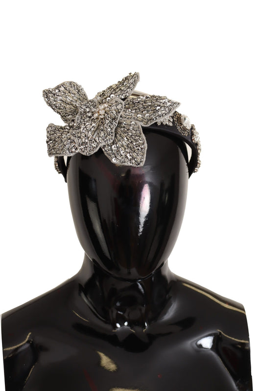 Dolce & Gabbana Black Crystal Beaded Sequined Large Flower Diadem Headband