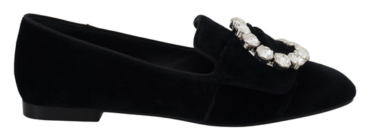 Dolce & Gabbana Black Velvet Crystals Loafers Flats Shoes