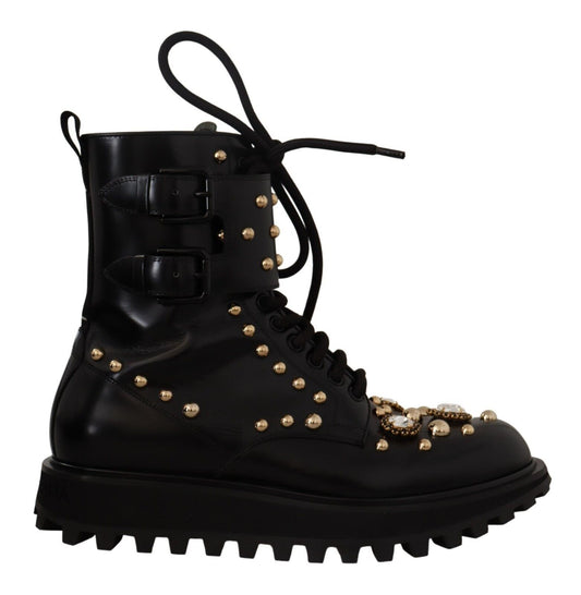 Dolce & Gabbana Black Leather Crystal Embellished Boots Shoes